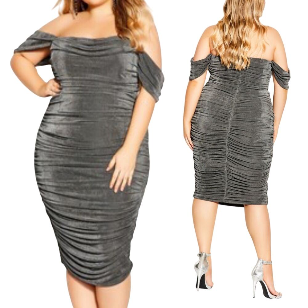 City Chic Luminosity Midi Dress Ruched Bodycon Off Shoulder Gunmetal NEW 12W